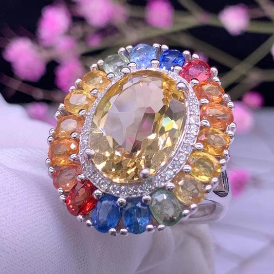 Natural color sapphire ring women's inset s925 silver citrine ring simple live female design