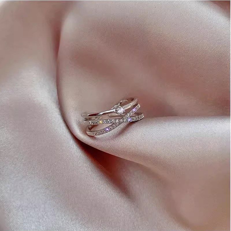 Authentic 925 sterling silver ring women's cross full diamond sweet light luxury ins niche opening adjustable new explosion girlfriend