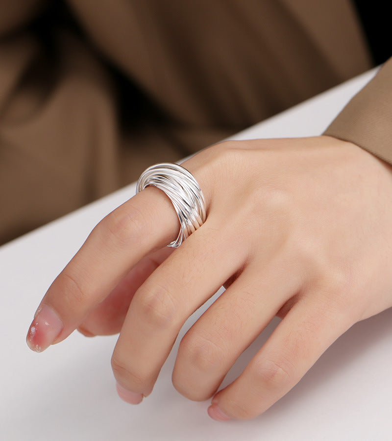 925 silver fashion 21 ring plain ring silver silk ring women's ins style light luxury high-end niche ring new product