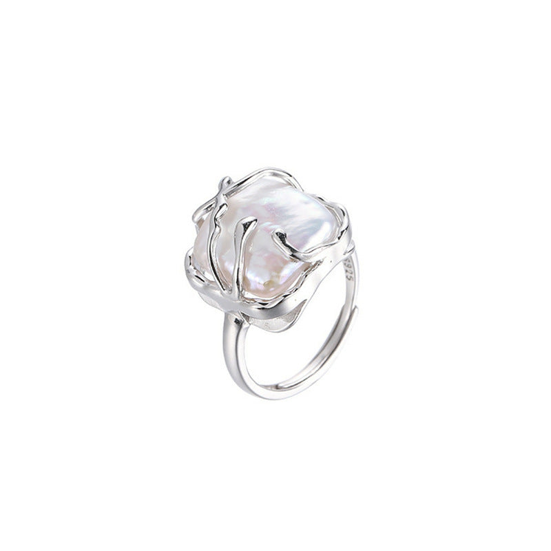 Niche Design Light Luxury S925 Sterling Silver Ring Female Baroque Pearl Square Open Ring Jewelry