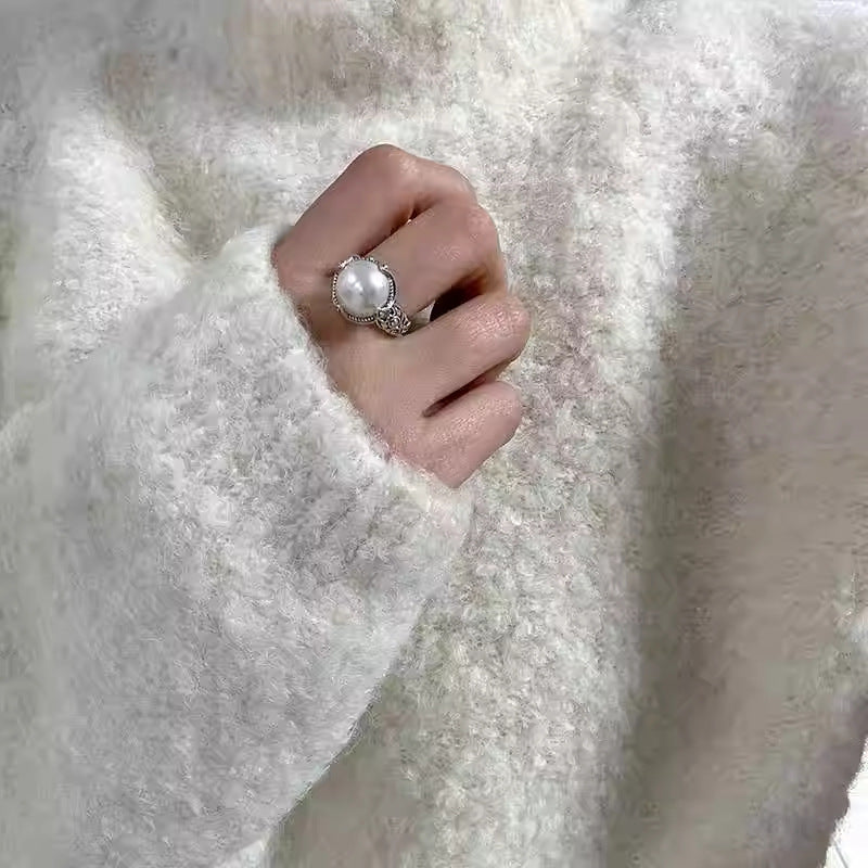 S925 silver engraved hollow pearl ring women's fashion retro old temperament cold wind ring