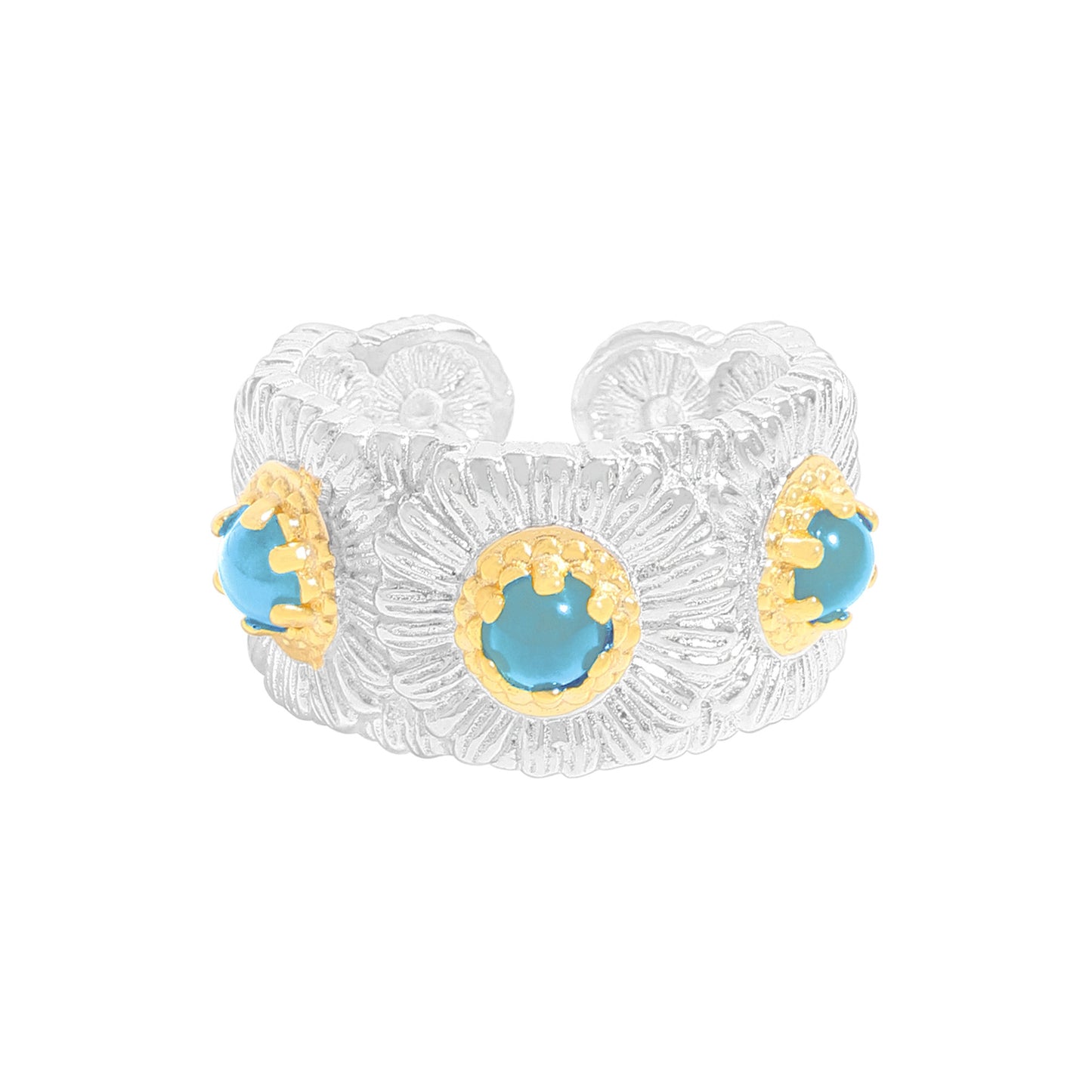 1928 blue and yellow agate daisy ring for women's high sense S925 sterling silver ins niche two-color silver ring