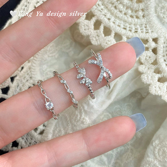 S925 sterling silver S999 foot silver bow zircon ring atmosphere sweet Korean style exquisite simple jewelry hair