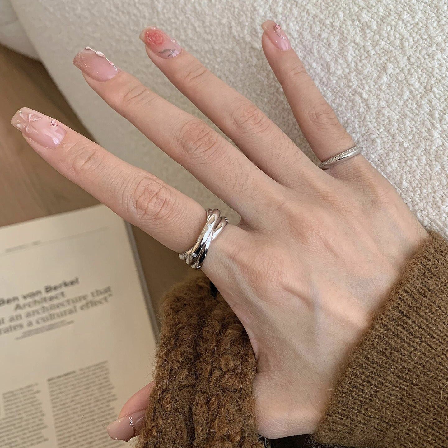 S925 whole body sterling silver court style multi-layer winding three-ring ring women's high-end simple stacking wearing zirconium index finger ring