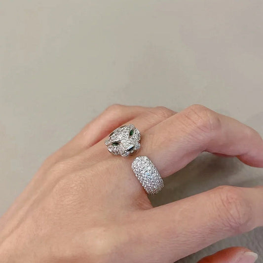 S925 sterling silver full diamond leopard head ring women's light luxury high-end sense opening design fashionable personality trendy