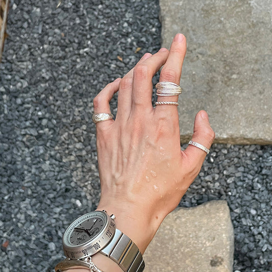 Whole body s925 sterling silver hammer pattern handmade collection niche design high sense ins style versatile fashion men's and women's rings