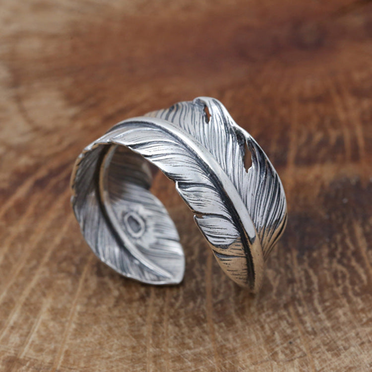 925 Sterling Silver Jewelry, Indian Feather Ring Couple Ring Women's Open Ring Christmas Gift