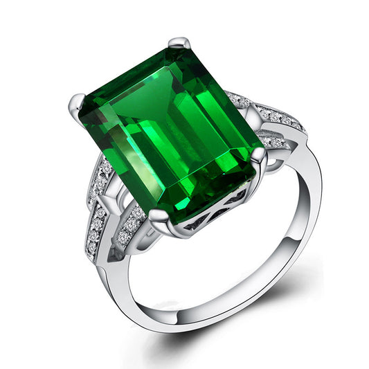 Emerald Ring Plated 925 Silver Colored Treasure Carat Square Colored Gemstone Tourmaline Ring Plated 18K White Gold Women's Ring