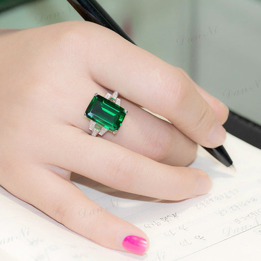 Emerald Ring Plated 925 Silver Colored Treasure Carat Square Colored Gemstone Tourmaline Ring Plated 18K White Gold Women's Ring