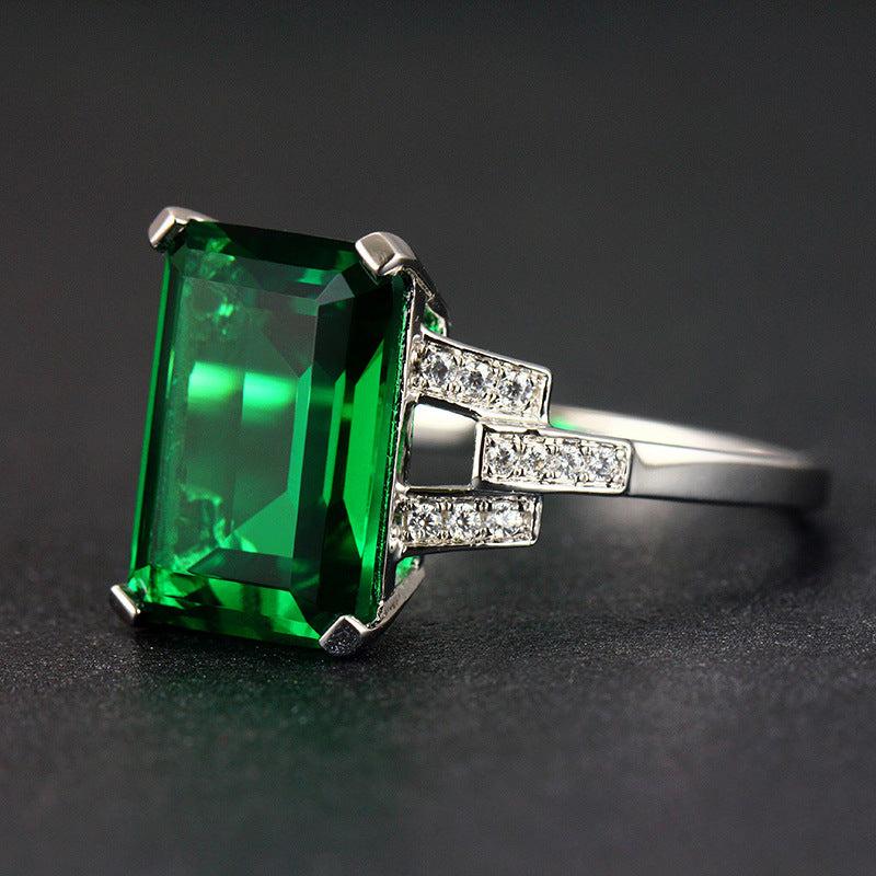 Emerald Ring Plated 925 Silver Colored Treasure Carat Square Colored Gemstone Tourmaline Ring Plated 18K White Gold Women's Ring