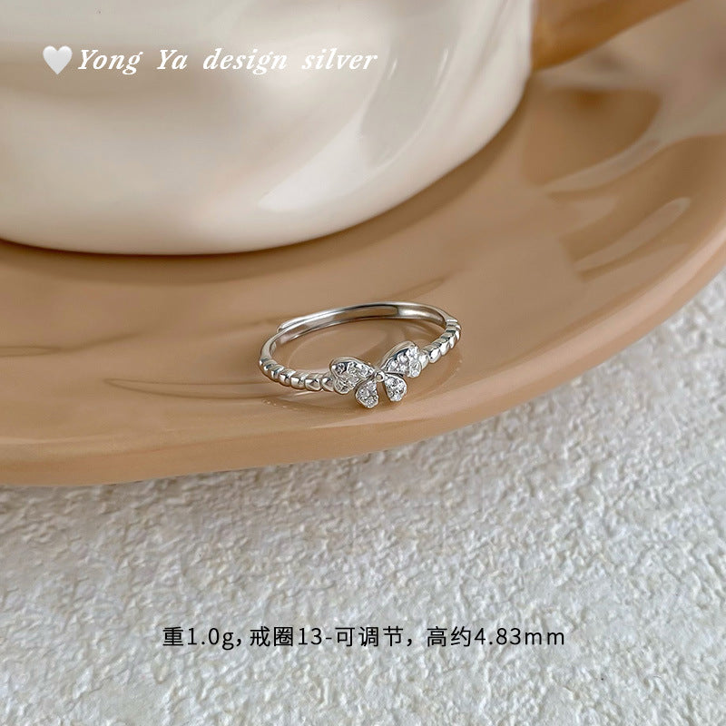 S925 sterling silver S999 foot silver bow zircon ring atmosphere sweet Korean style exquisite simple jewelry hair