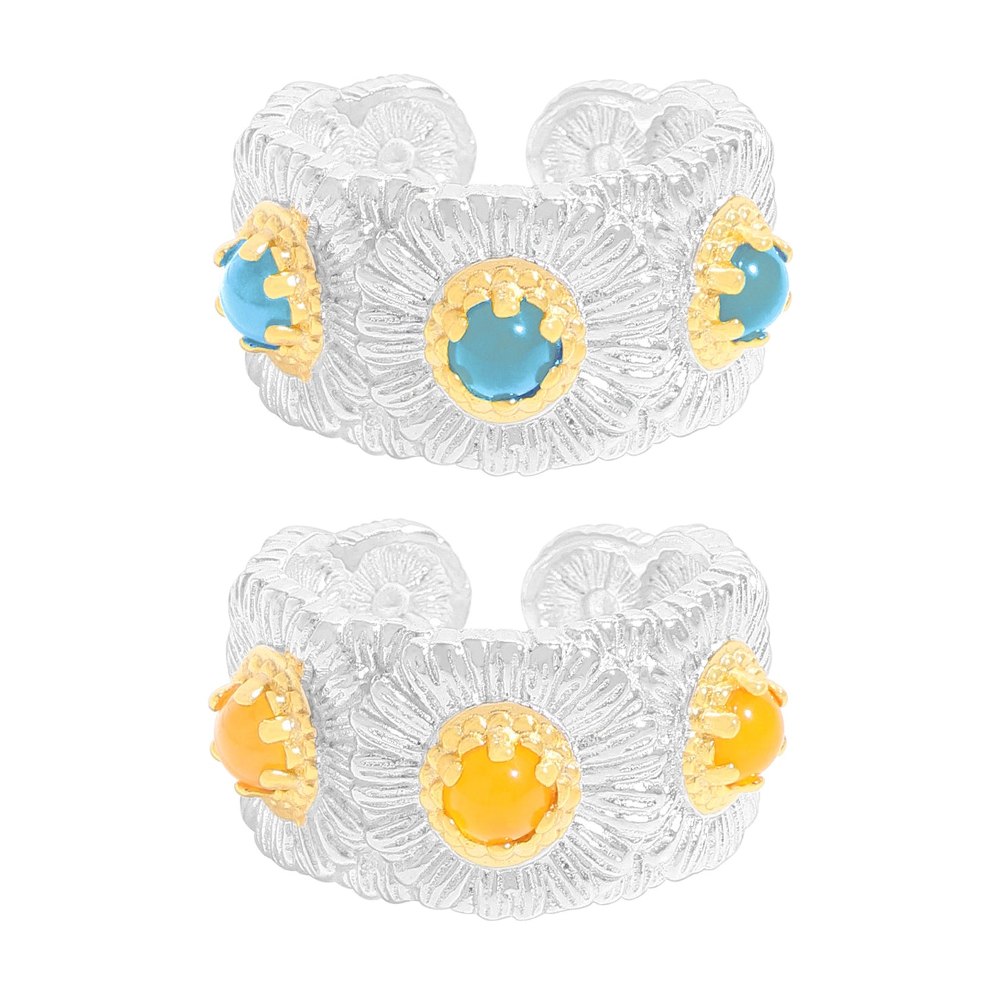 1928 blue and yellow agate daisy ring for women's high sense S925 sterling silver ins niche two-color silver ring