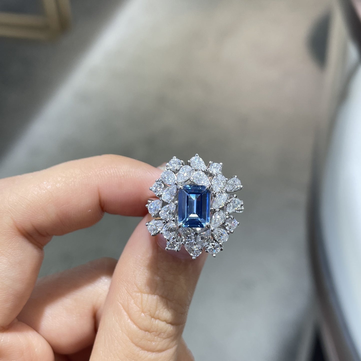 S925 sterling silver cultivated sky blue spinel ring fashion niche rectangular 6 * 8mm