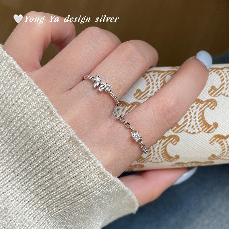 S925 sterling silver S999 foot silver bow zircon ring atmosphere sweet Korean style exquisite simple jewelry hair
