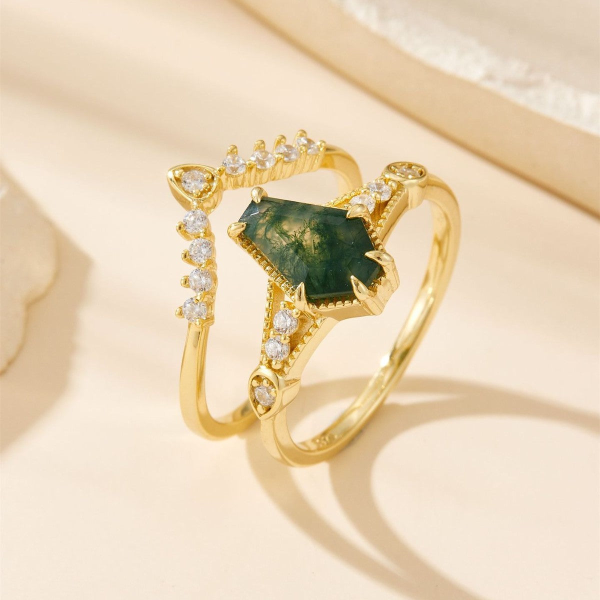 Natural green mossy stone stacked ring women's S925 silver niche high sense
