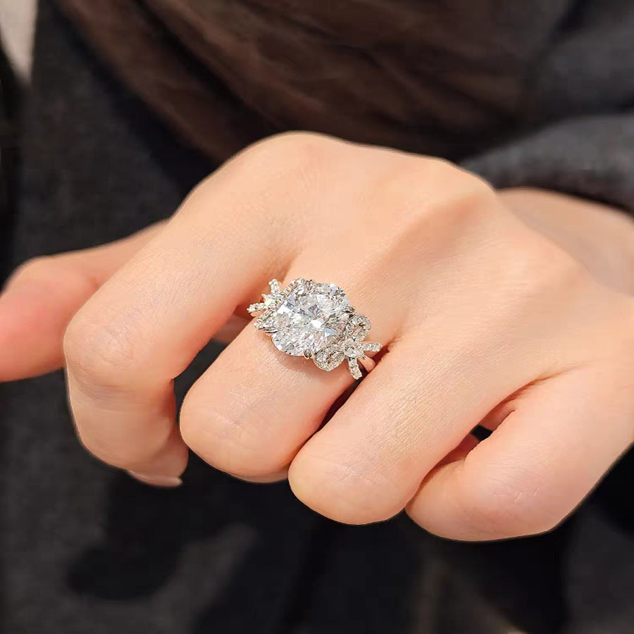 S925 Sterling Silver Bow Oval Dove Egg Five Carat Moissanite Ring Women's Explosive Light Luxury Luxury