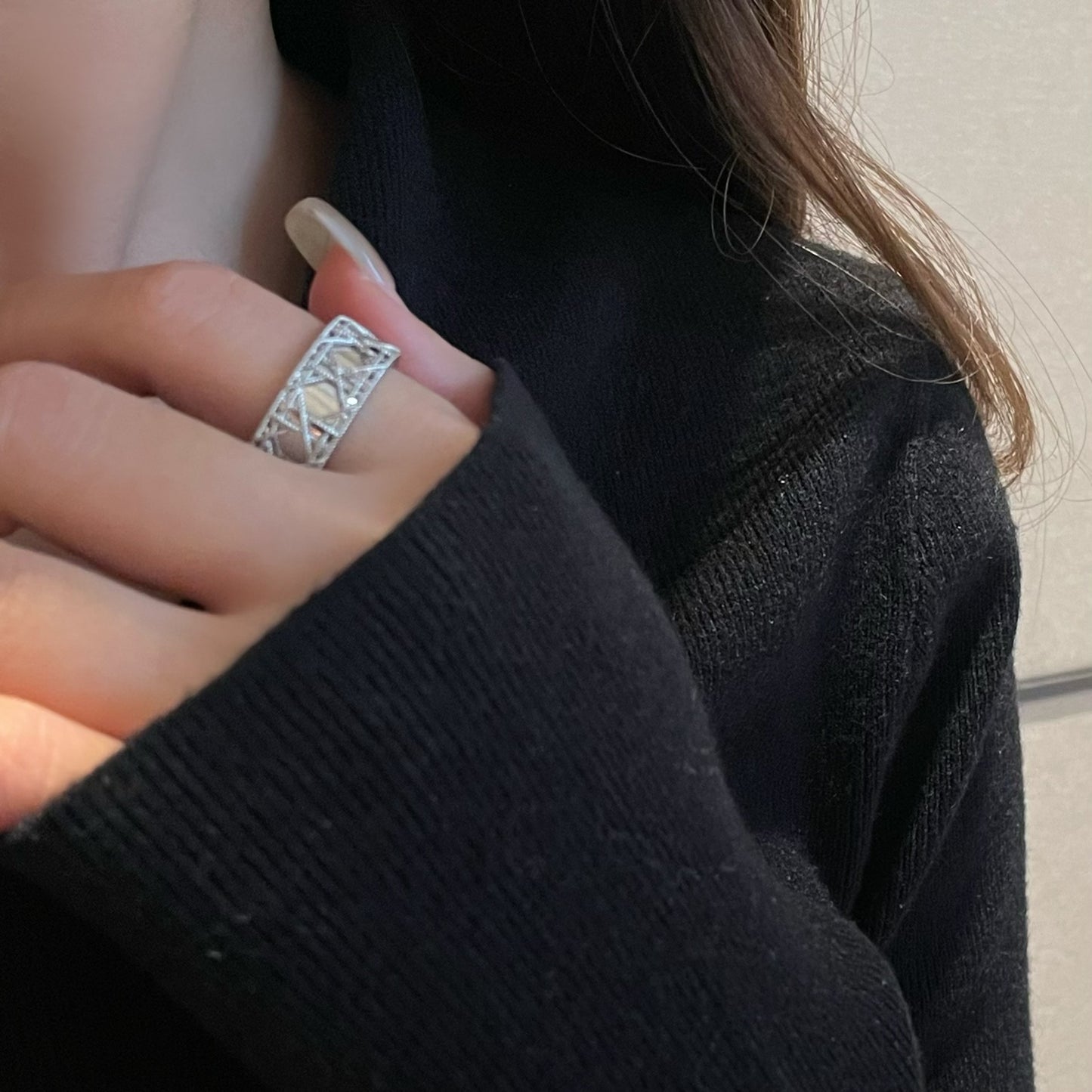 S925 sterling silver rattan plaid woven opening ring women's retro fashion light luxury temperament advanced sense heavy industry niche