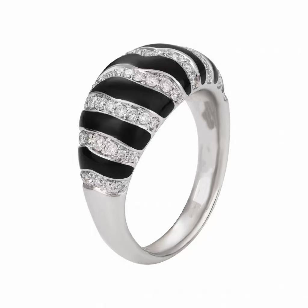 S925 sterling silver, black enamel zebra ring, high-end sparkling design, medieval Italian classic