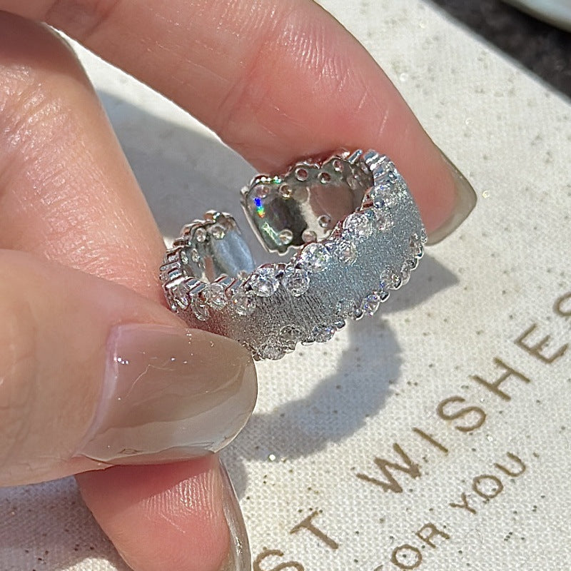 S925 sterling silver micro-inlaid zircon ring niche design simple and fashionable medieval vintage geometric opening ring