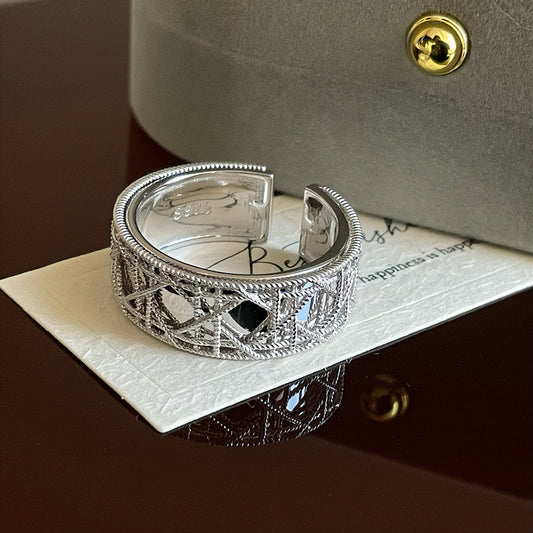 S925 sterling silver rattan plaid woven opening ring women's retro fashion light luxury temperament advanced sense heavy industry niche
