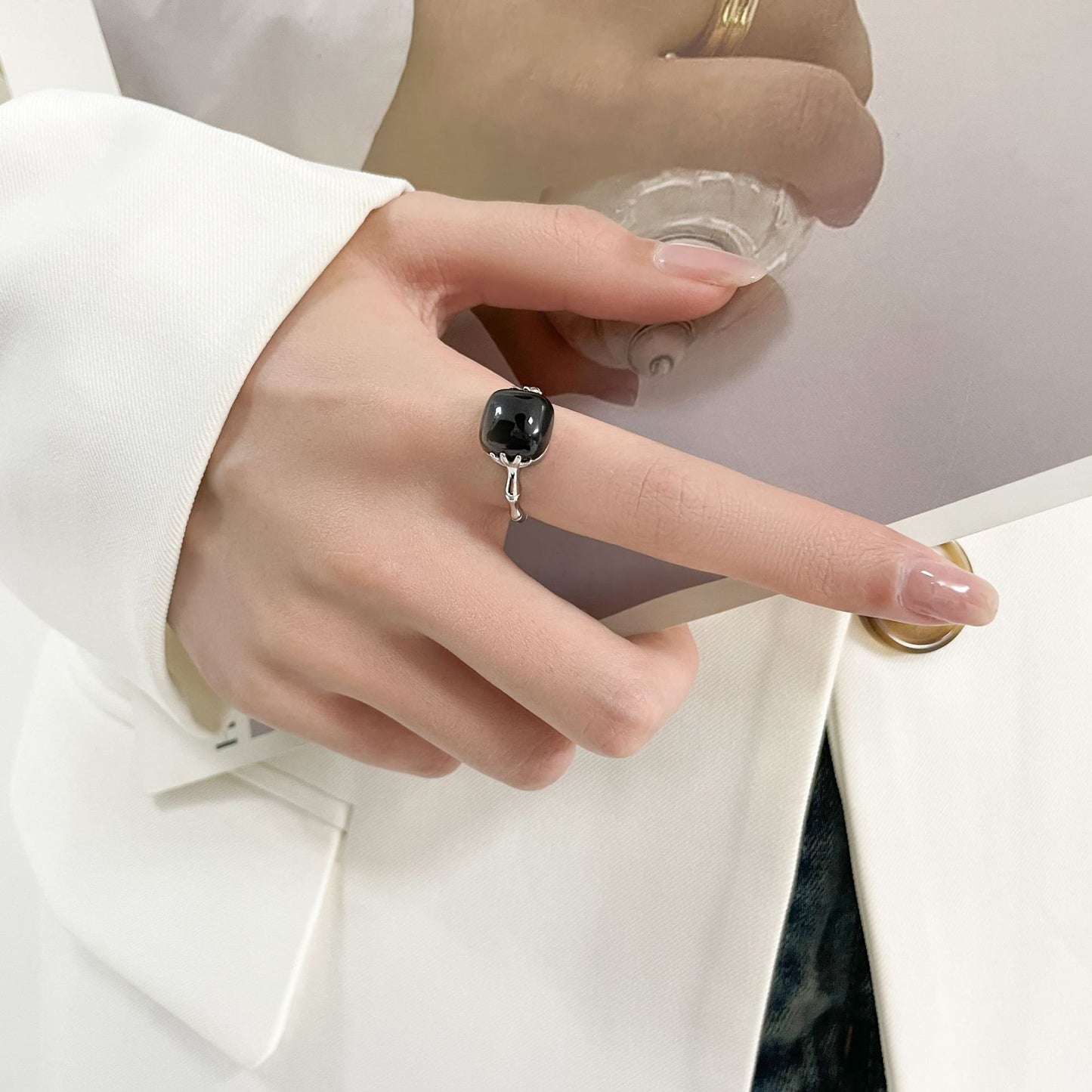 S925 silver agate premium bamboo ins black ring retro index finger to wealth square old ring jewelry