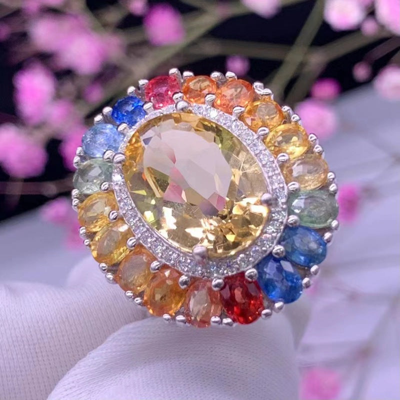 Natural color sapphire ring women's inset s925 silver citrine ring simple live female design