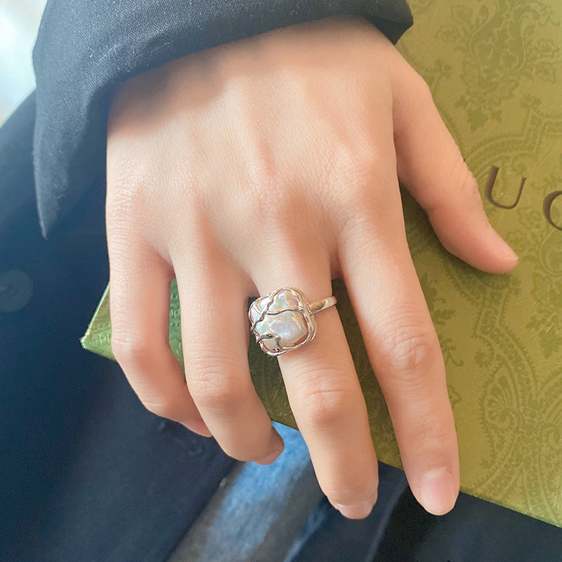 Niche Design Light Luxury S925 Sterling Silver Ring Female Baroque Pearl Square Open Ring Jewelry