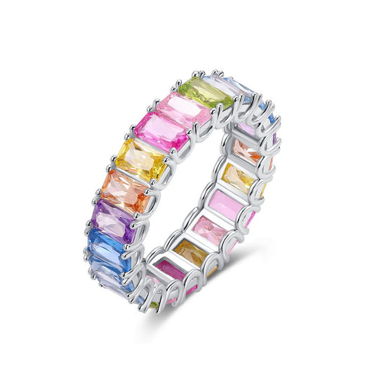 Rainbow zircon ring women's S925 silver single-row inlaid colored treasure ring light luxury fashion
