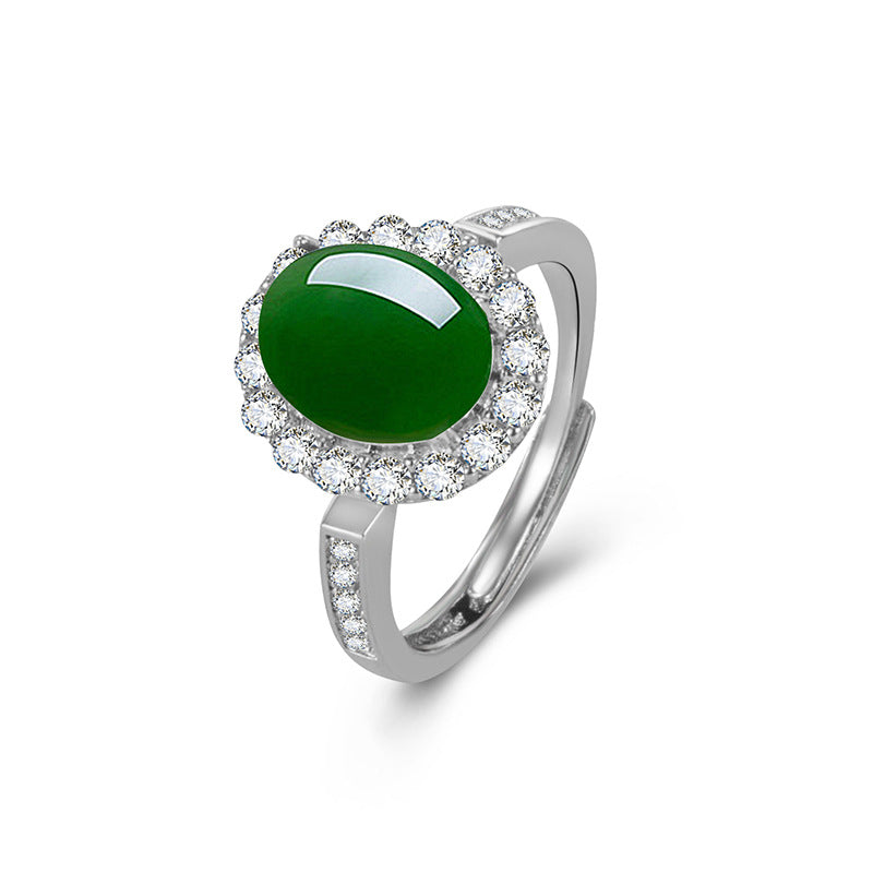 Natural chalcedony ring female yang green egg surface plated with 925 sterling silver ring green agate comparable to jadeite adjustable jewelry