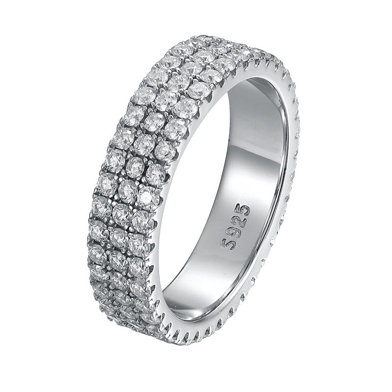 Mozambican diamond ring women's niche 925 silver two-row three-row ring full of diamonds, high-end ins style light luxury couple ring