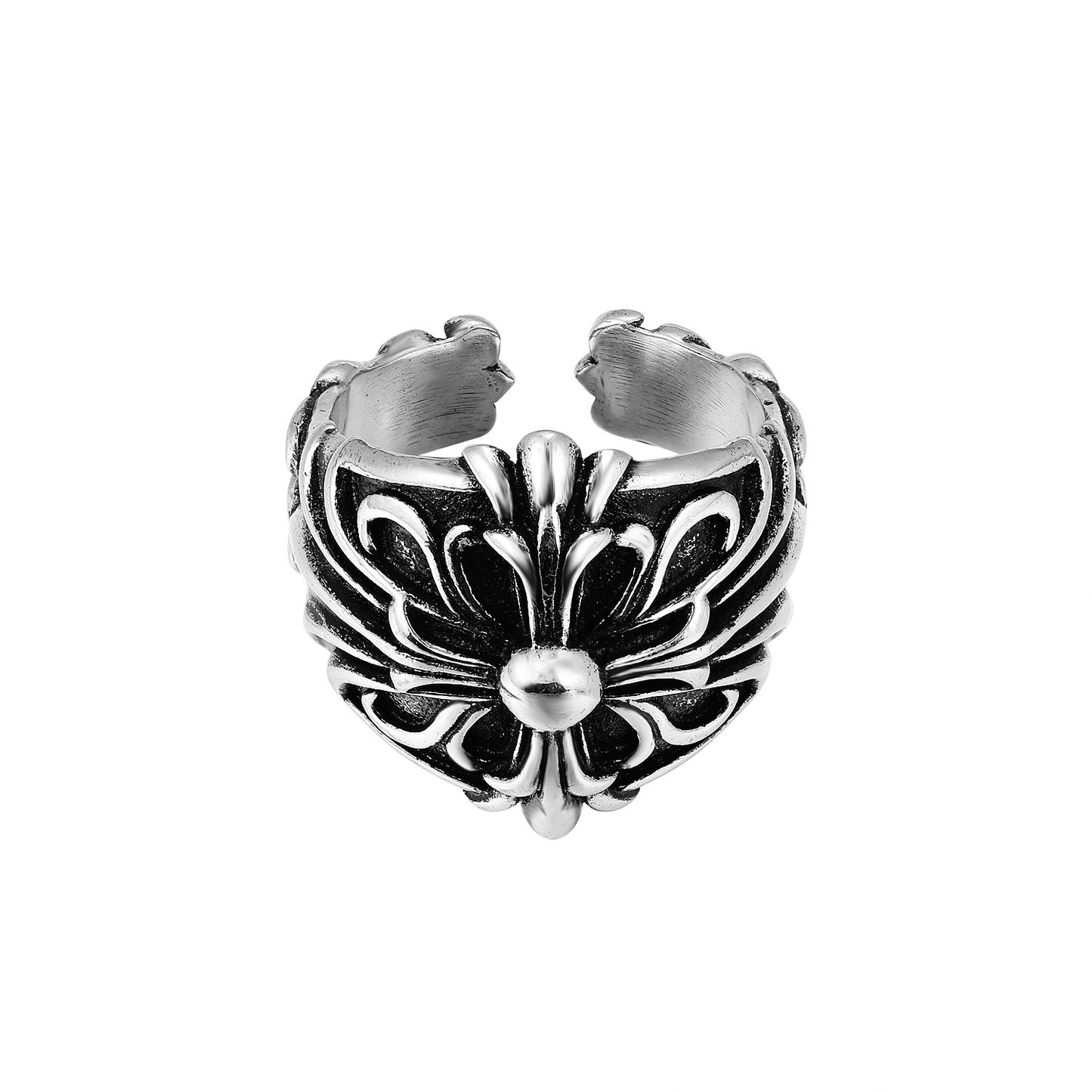 CH Classic Gram Heart Cross Open Ring S925 Sterling Silver Male and Female Couples Retro Fashion Thick Ring