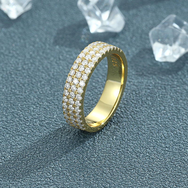 Mozambican diamond ring women's niche 925 silver two-row three-row ring full of diamonds, high-end ins style light luxury couple ring