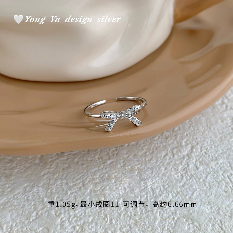 S925 sterling silver S999 foot silver bow zircon ring atmosphere sweet Korean style exquisite simple jewelry hair
