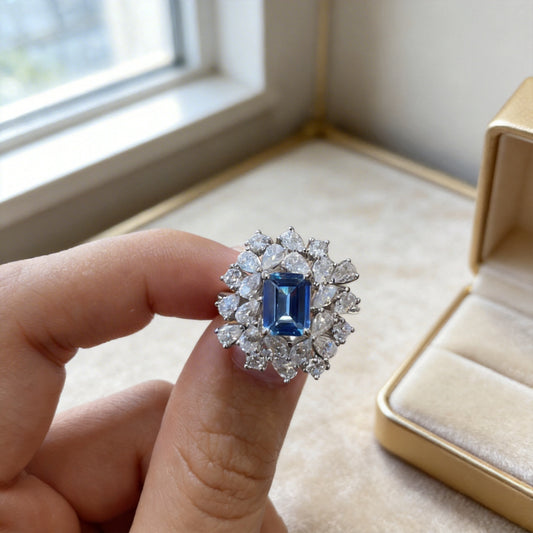 S925 sterling silver cultivated sky blue spinel ring fashion niche rectangular 6 * 8mm