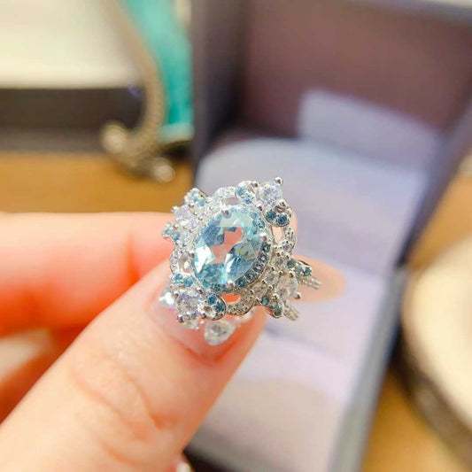 Natural Aquamarine Ring S925 Silver Inlaid Light Luxury Premium Design High Clarity Luxury Gifts for Important Occasions