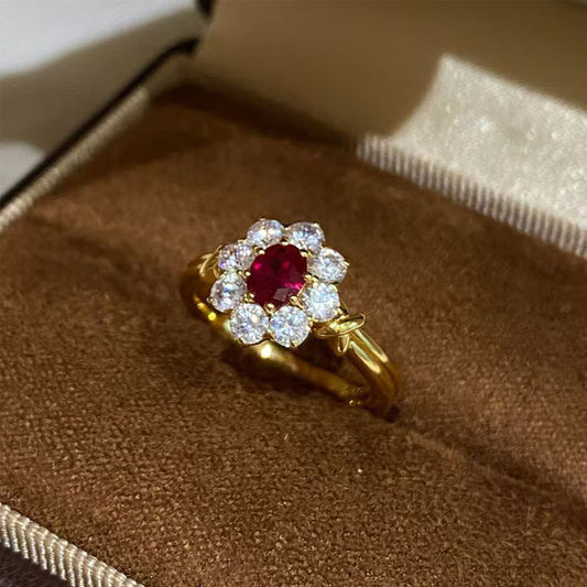 Retro ruby circumference diamond ring women's light luxury 925 silver-plated pigeon blood red simulation diamond ring high-end jewelry