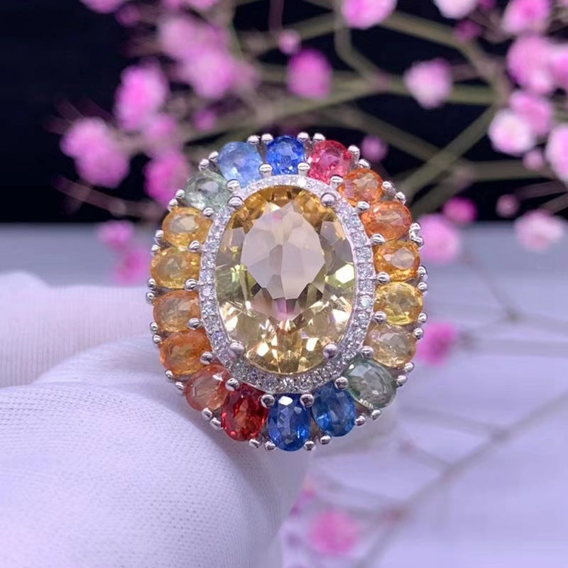 Natural color sapphire ring women's inset s925 silver citrine ring simple live female design