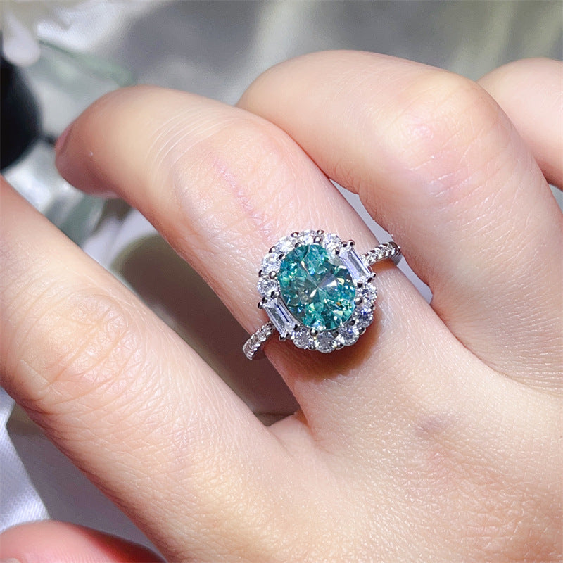 Paraiba green moissanite ring female Princess Diana S925 silver design sense European and American fashion temperament color Mozambican