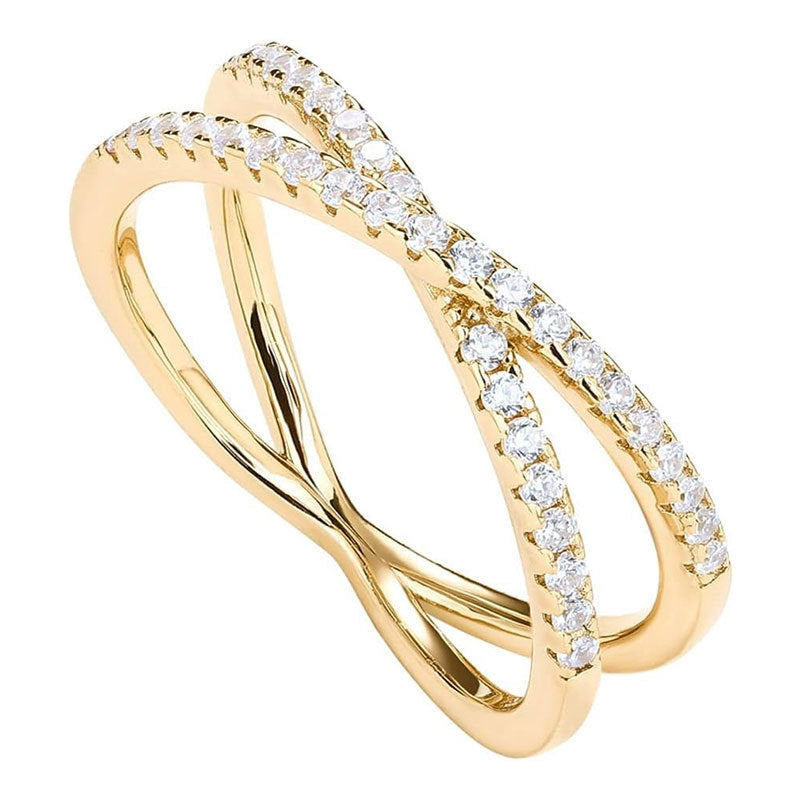 14K Gold Plated X Ring Cross S925 Sterling Silver Ring with Diamonds Simple Half Ring