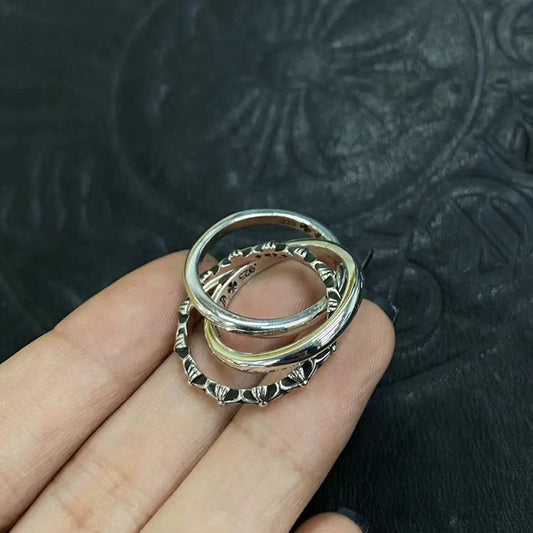 Sterling silver Crow New three-ring ring, punk hip-hop trend personality niche versatile men's and women's same ring