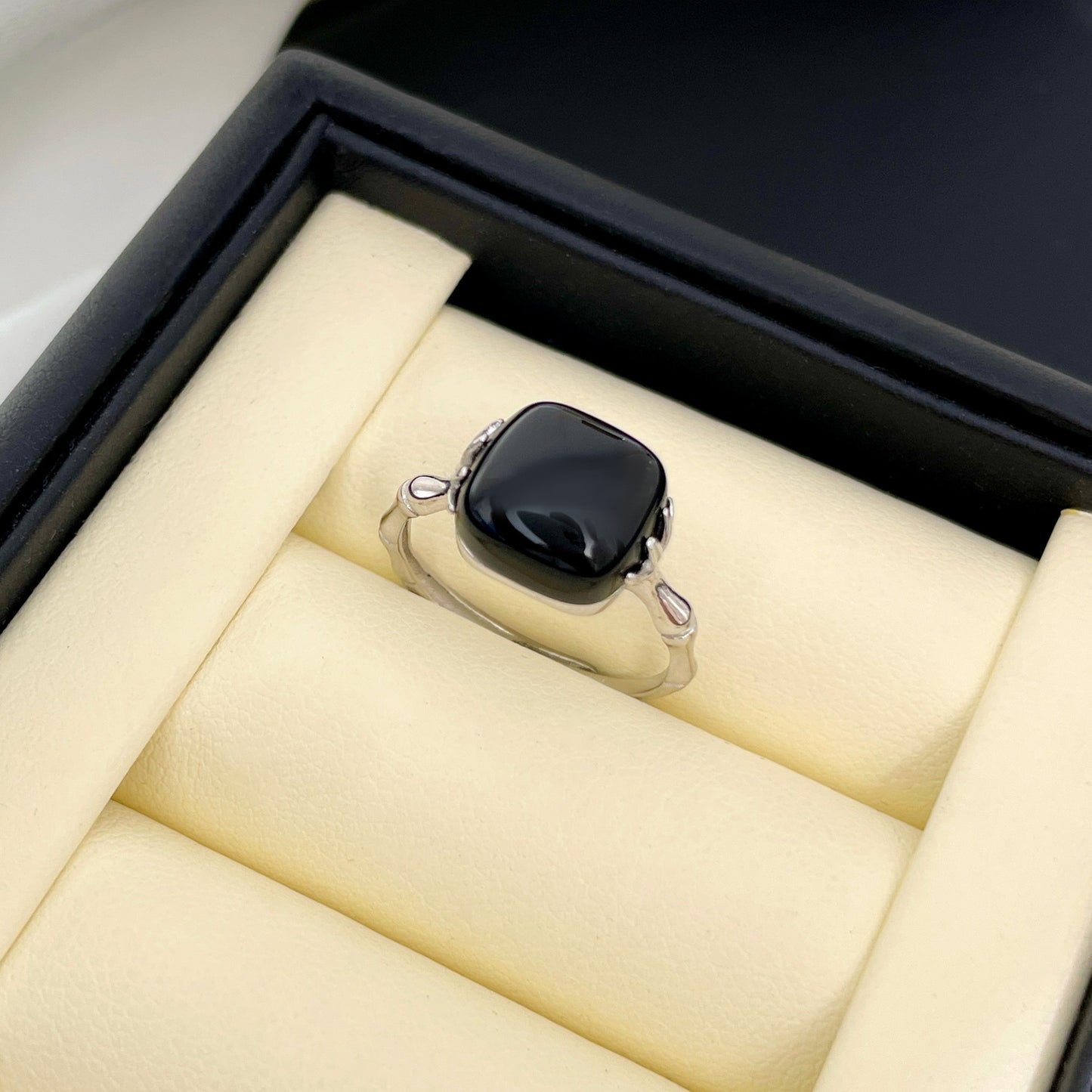 S925 silver agate premium bamboo ins black ring retro index finger to wealth square old ring jewelry