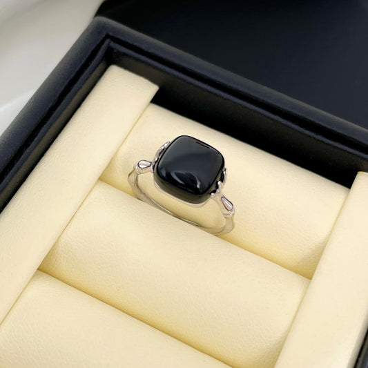 S925 silver agate premium bamboo ins black ring retro index finger to wealth square old ring jewelry