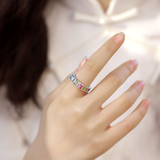 Rainbow zircon ring women's S925 silver single-row inlaid colored treasure ring light luxury fashion