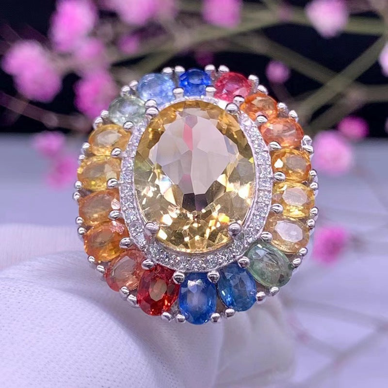 Natural color sapphire ring women's inset s925 silver citrine ring simple live female design