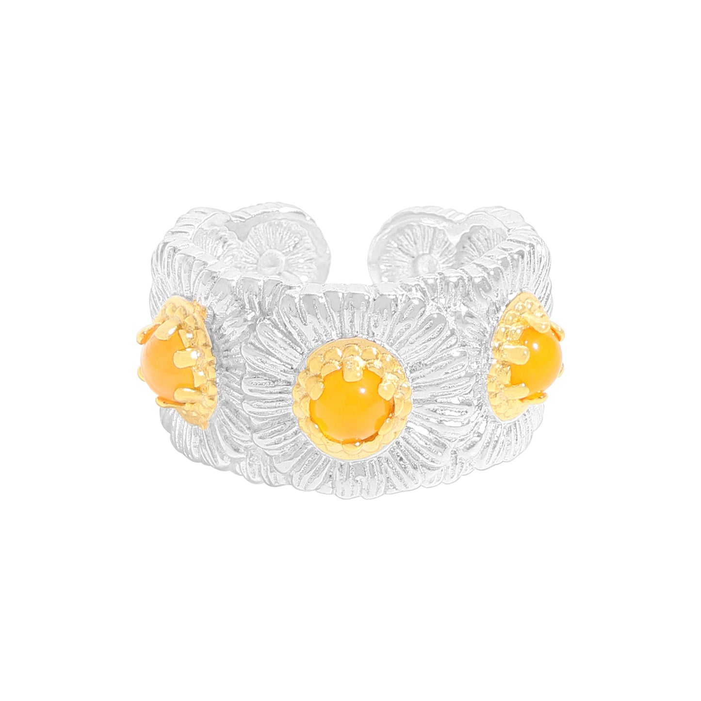 1928 blue and yellow agate daisy ring for women's high sense S925 sterling silver ins niche two-color silver ring