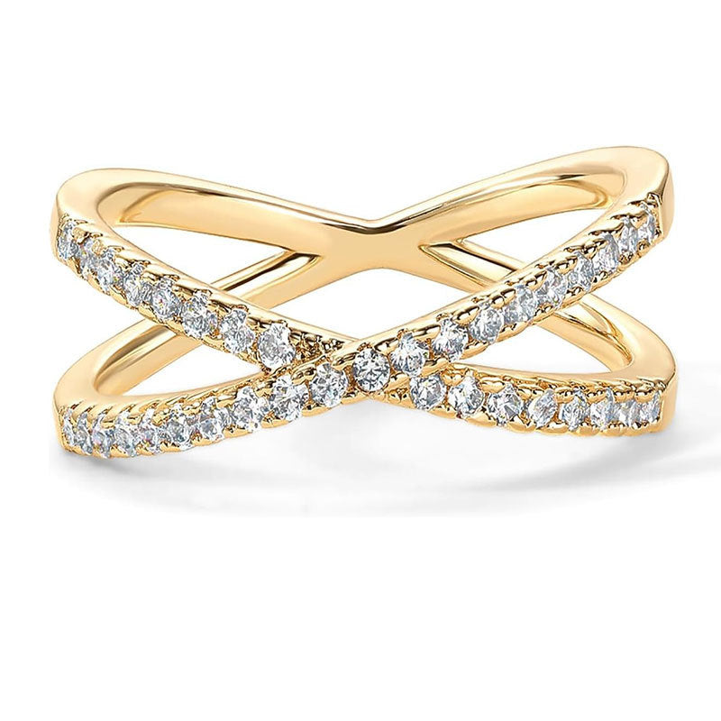 14K Gold Plated X Ring Cross S925 Sterling Silver Ring with Diamonds Simple Half Ring