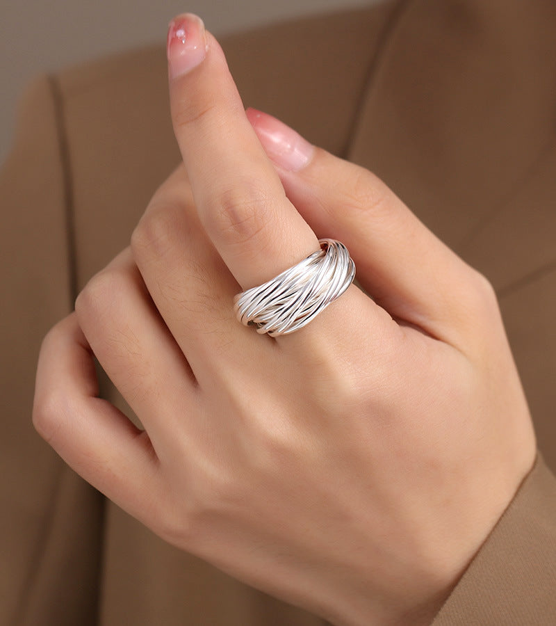925 silver fashion 21 ring plain ring silver silk ring women's ins style light luxury high-end niche ring new product