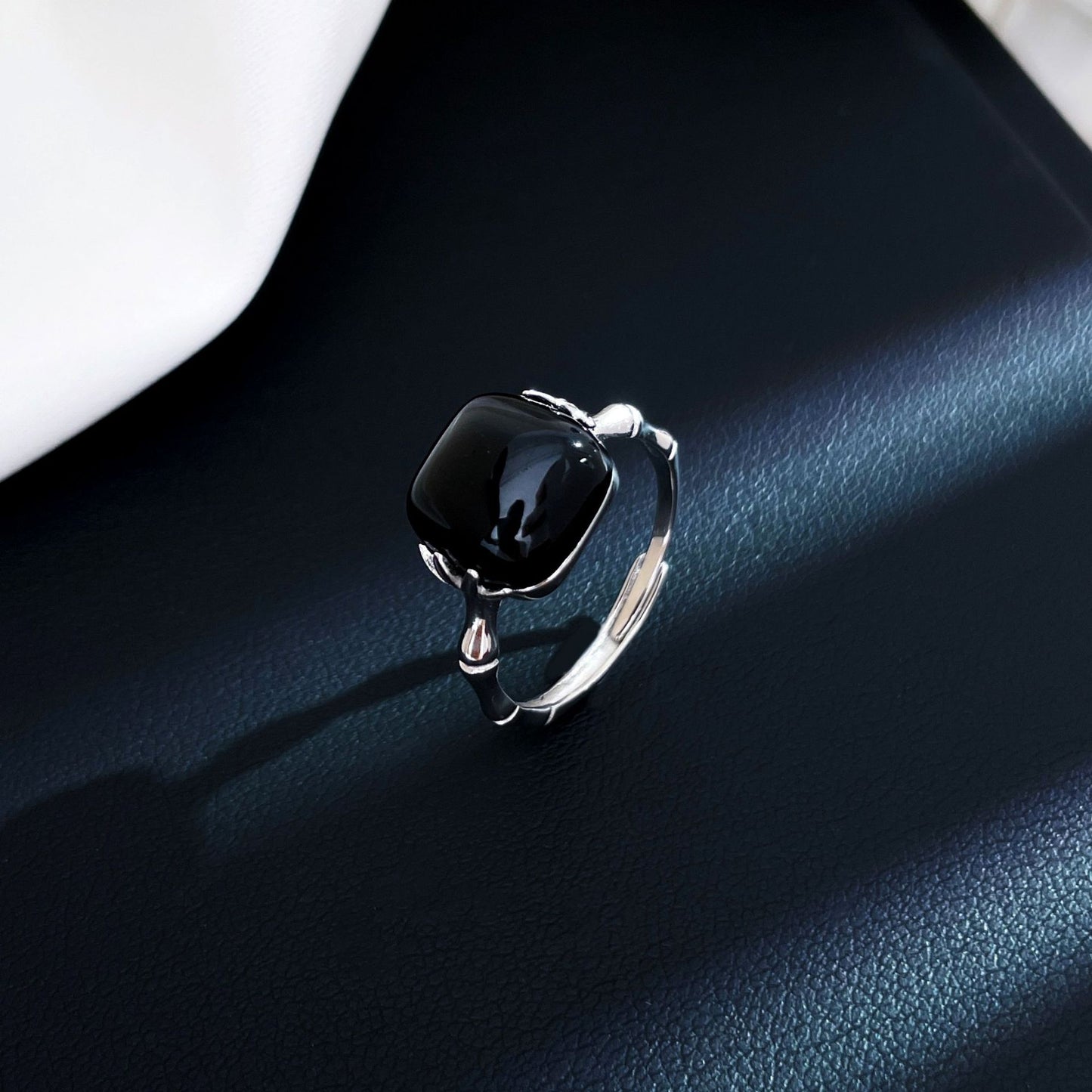 S925 silver agate premium bamboo ins black ring retro index finger to wealth square old ring jewelry