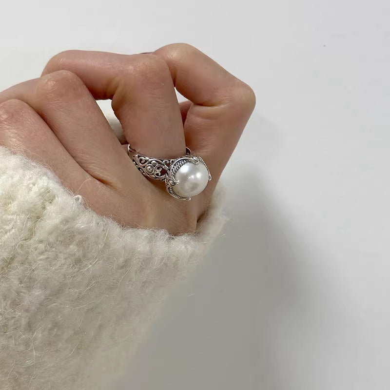 S925 silver engraved hollow pearl ring women's fashion retro old temperament cold wind ring
