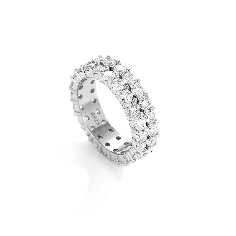 Mozambican diamond ring women's niche 925 silver two-row three-row ring full of diamonds, high-end ins style light luxury couple ring